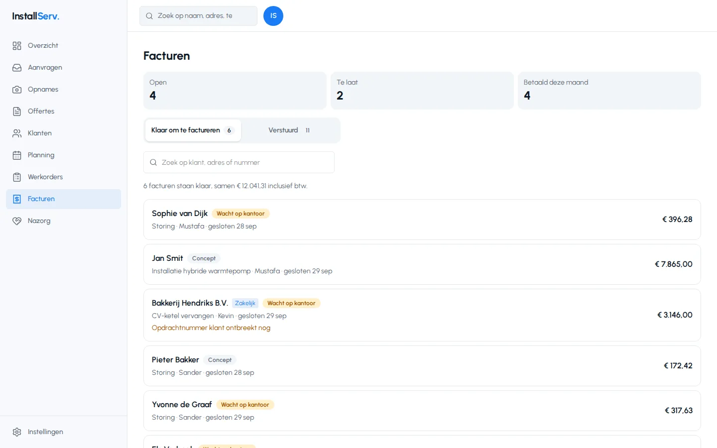 Scherm Facturen in de InstallServ app
