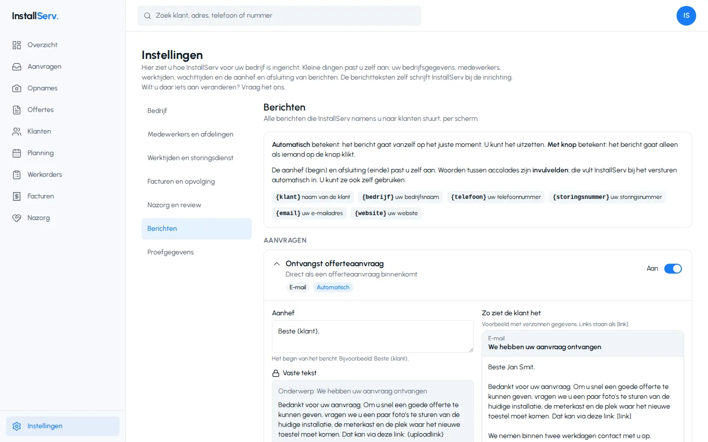 Scherm Instellingen in de InstallServ app